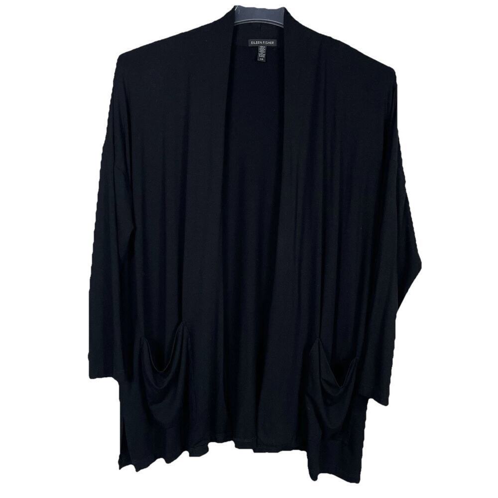 Eileen Fisher Cardigan Jacket Size Large Black Boho Slouchy Pockets Minimalist